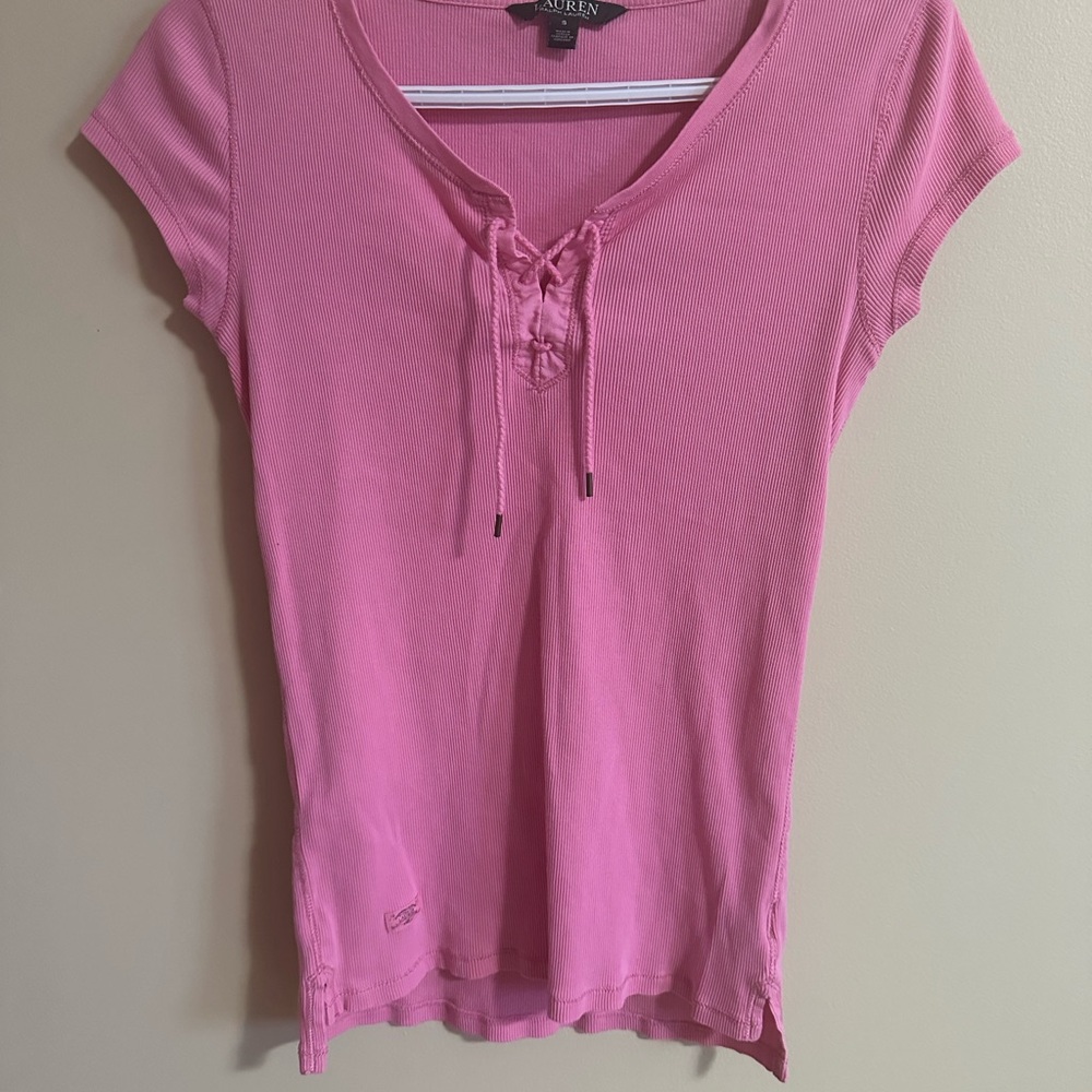 Ralph Lauren Pink Lace-Up Short Sleeve Tee